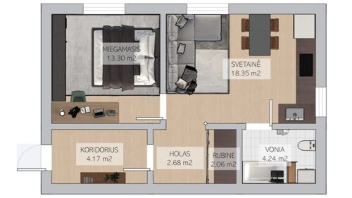 Kauno senamiestyje tvarkingas 2 kambarių butas